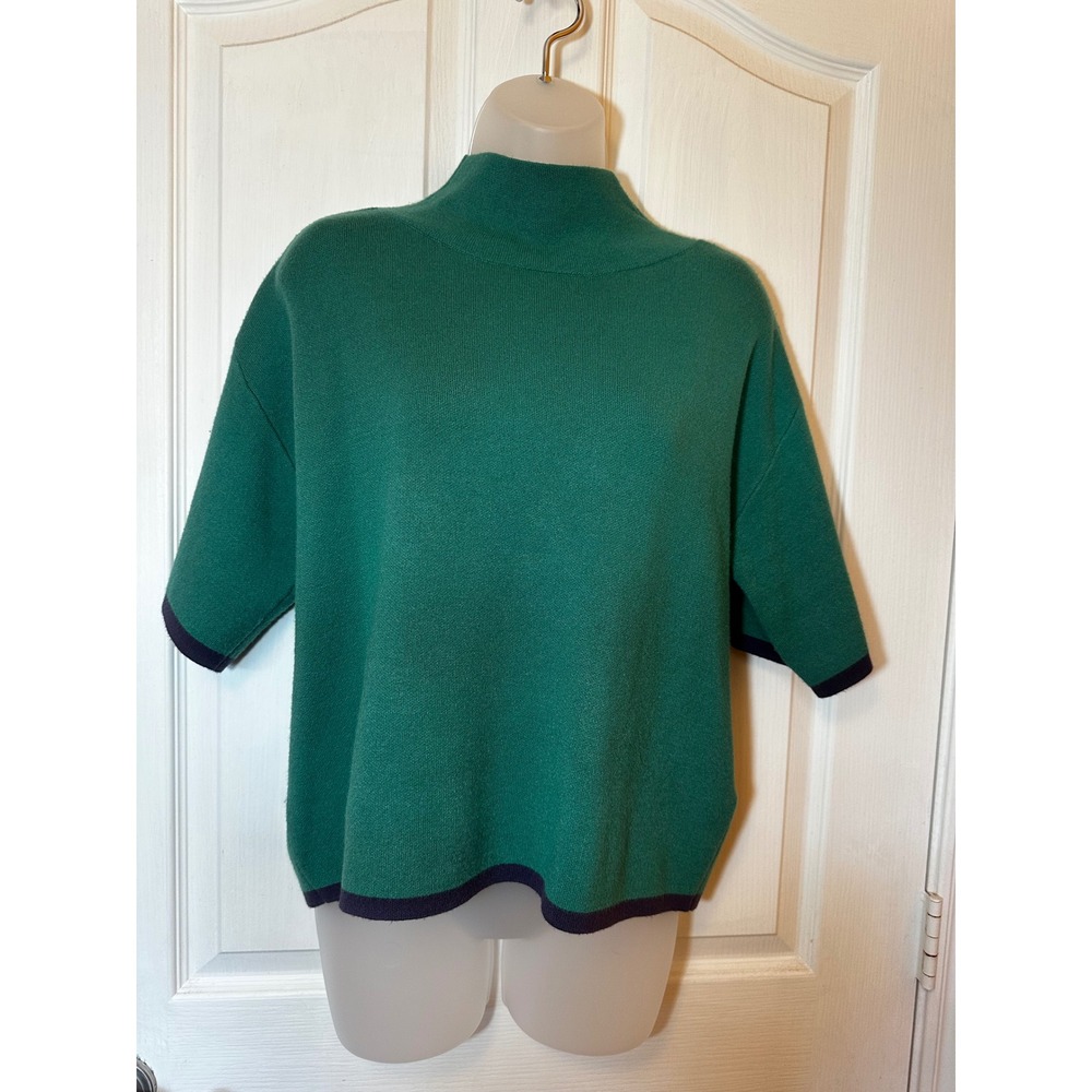 Maeve Green Mock Funnel Neck Short Sleeve Sweater OB2192450 Navy Trim Top